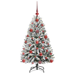 Künstlicher, grün-weißer Weihnachtsbaum (120 cm) mit roten Kugeln und LED-Lichtern.