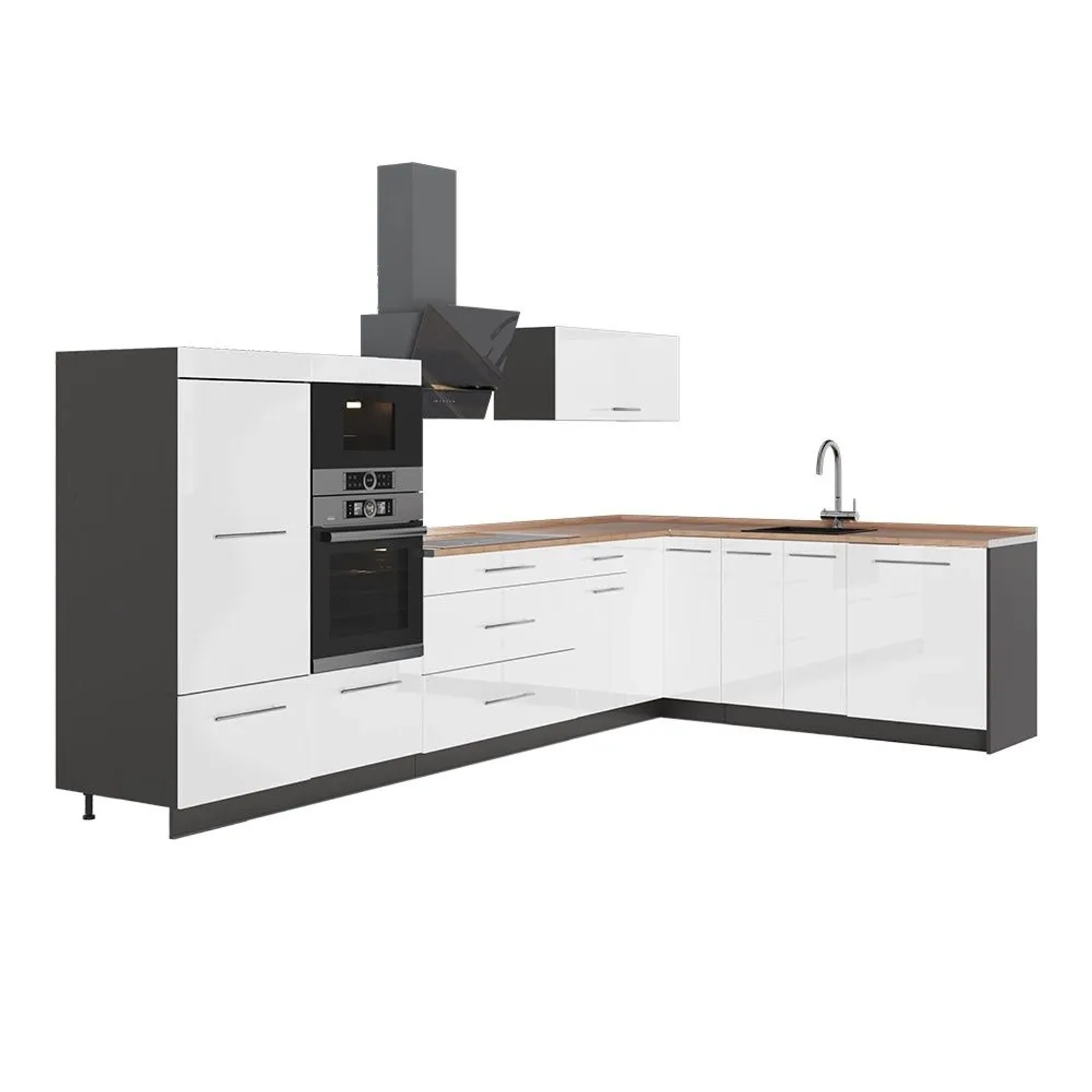 Vicco Eckküche Fame-Line Weiß Hochglanz/Anthrazit 347 x 154 AP Eiche Art Nr 63582