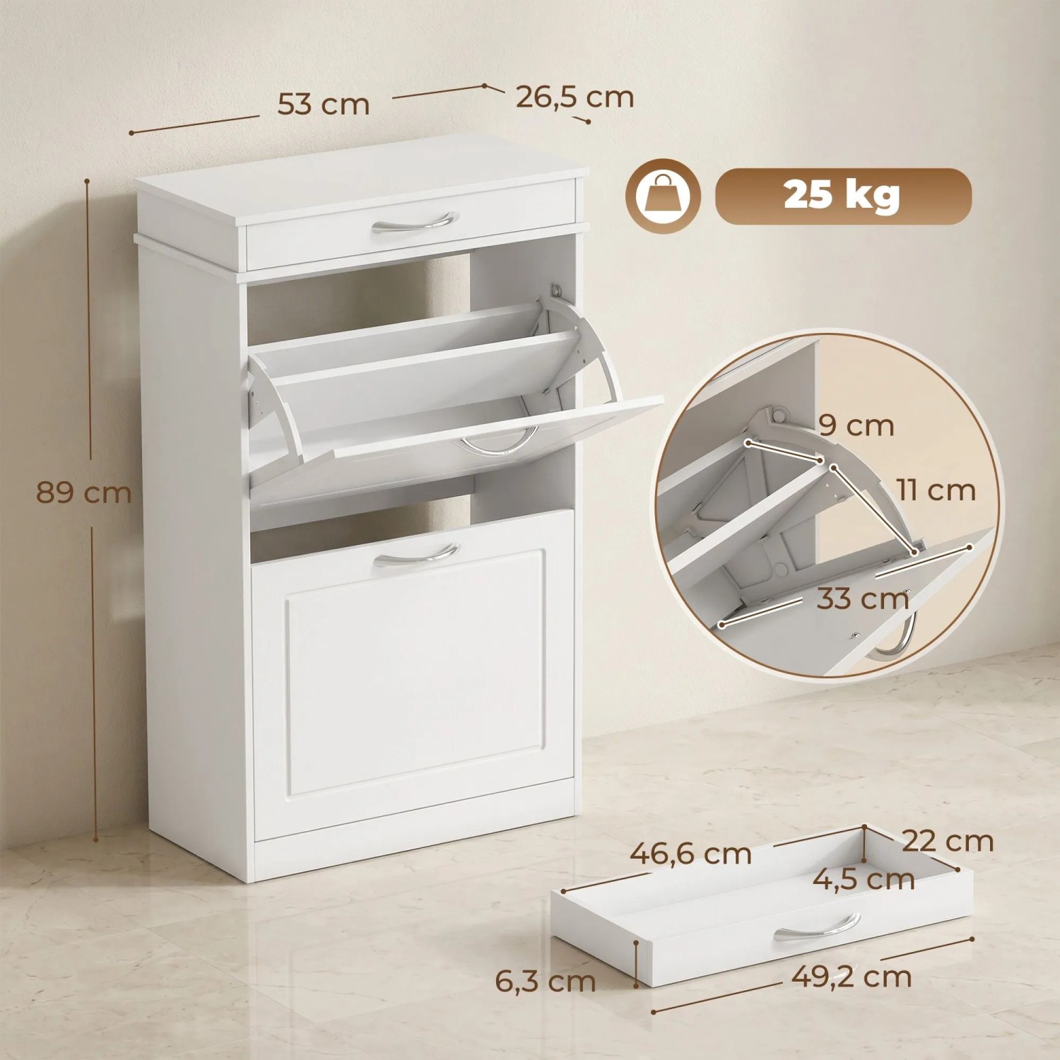 Weißer HOMCOM Schuhschrank aus MDF mit 2 Klappfächern und Schublade, 53x26,5x89 cm, für Flur.