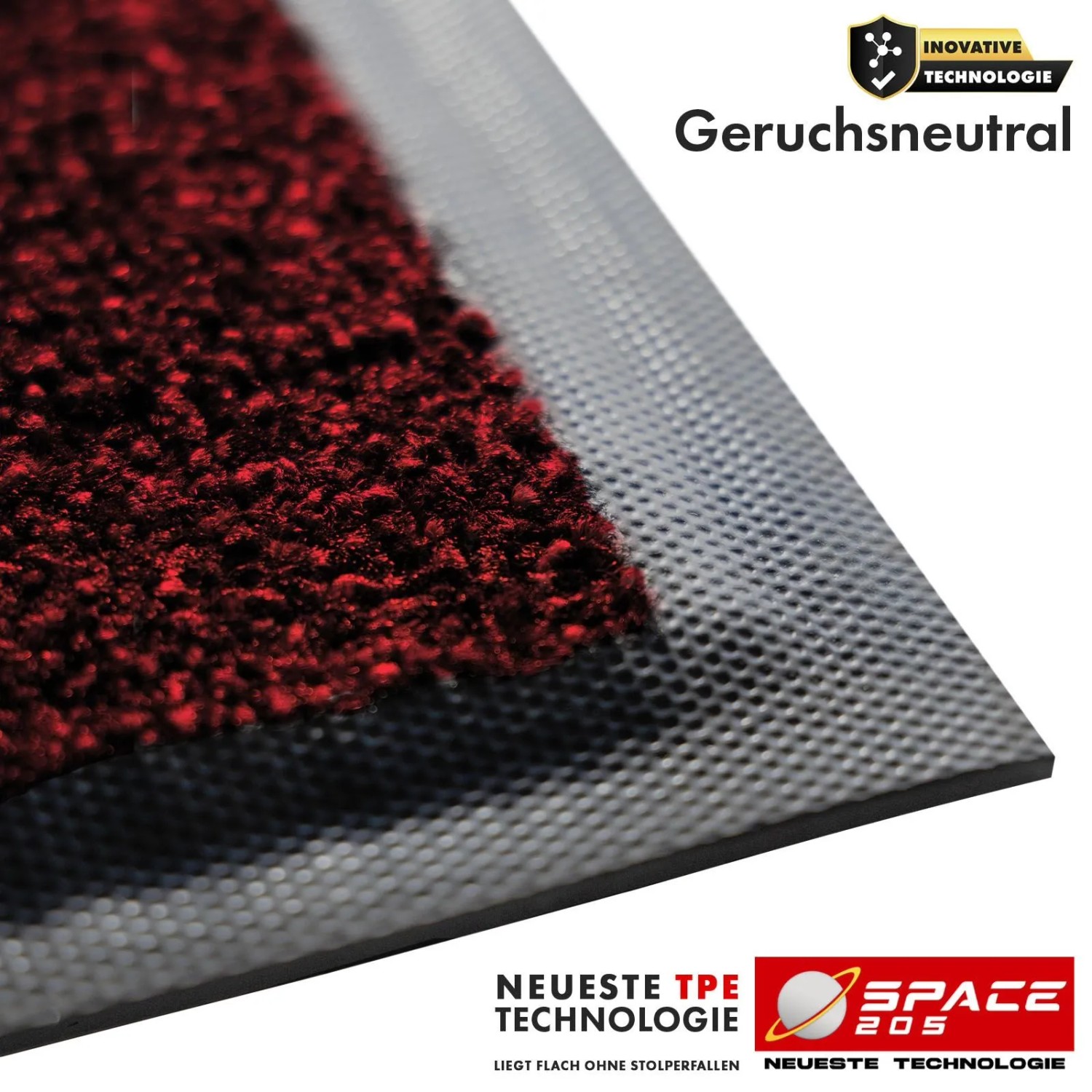 Rote Floordirekt Schmutzfangmatte Space 205, 60x90 cm, mit rutschfestem TPE-Rücken. Detail der Velours-Oberfläche und des Rands.