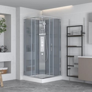 Moderne Komplettdusche 90x90 cm mit Schiebetür, Chromprofilen, Duschwanne und grauen Rückwänden für Ihr Bad.