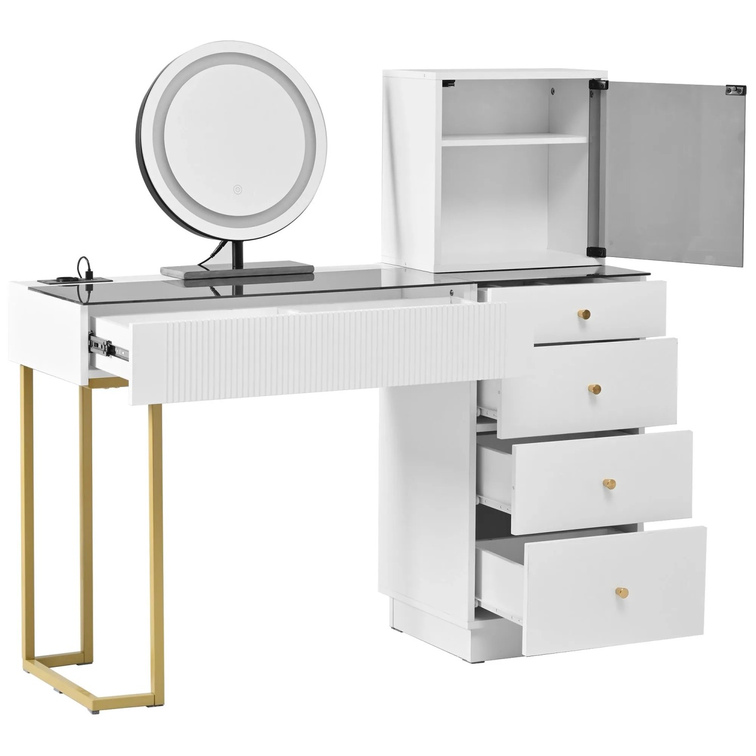okwish Schminktisch mit LED Spiegel 5 Schubladen Schrank Schlafzimmer 120x120x40cm Weiß