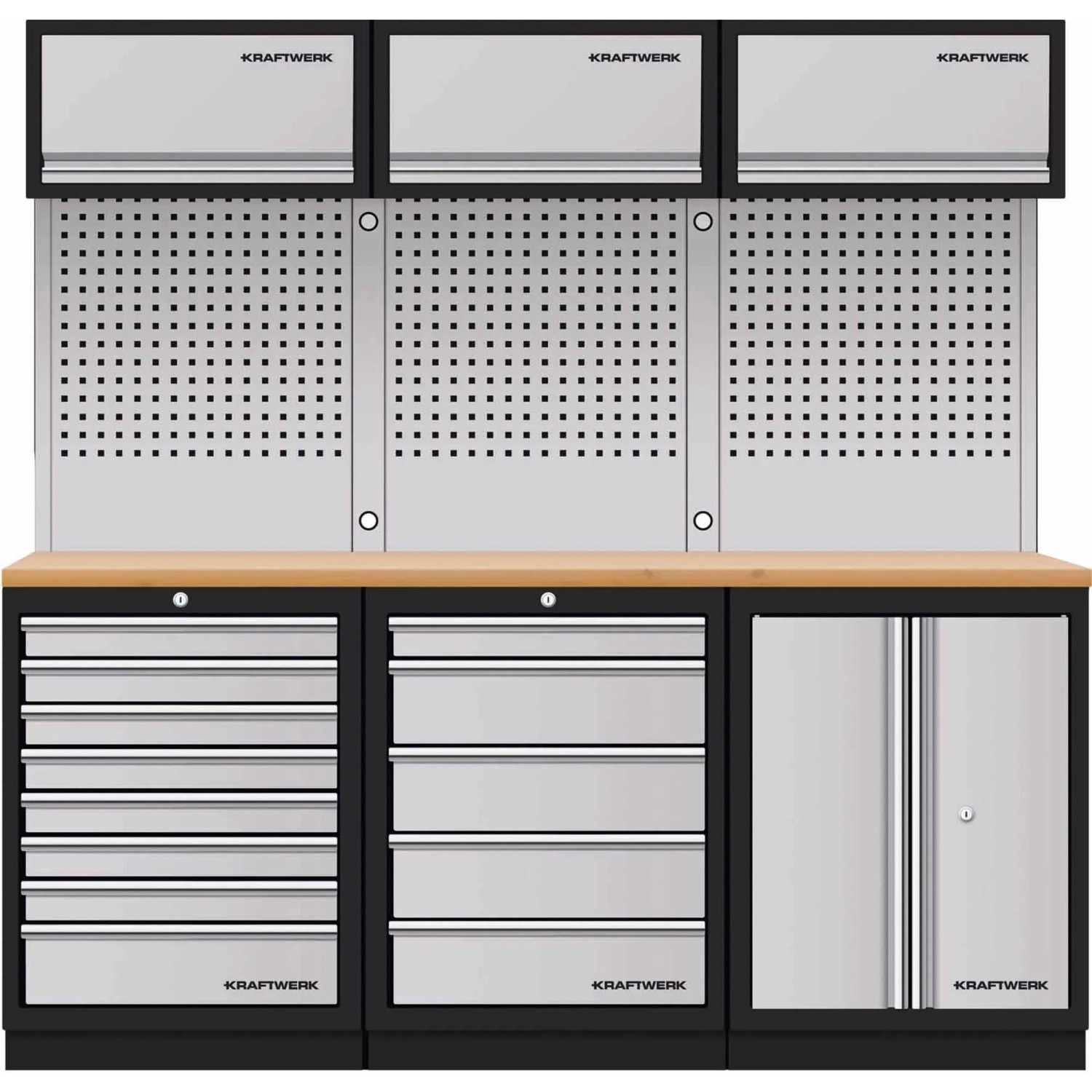 Kraftwerk Werkbank Mobilio 3er Kombi Lochwand Buche 204 cm