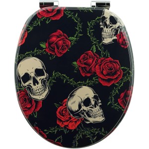 Sanfino WC-Sitz Rose Skull: Toilettendeckel mit Absenkautomatik, Holz, Totenköpfe und Rosen Design.