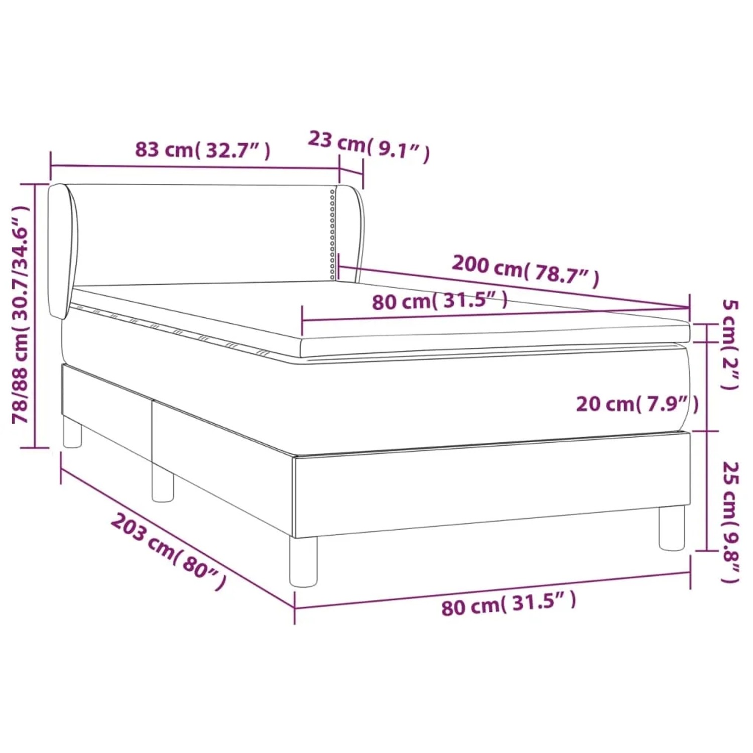 vidaXL Boxspringbett dunkelgrau (80x200 cm) mit Matratze, Stoffbezug. Bett mit Kopfteil und Matratzenauflage.