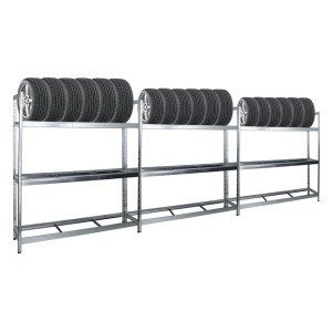 PROREGAL Mega Deal: 3 verzinkte Reifenregale Tiger XL mit Reifen auf drei Ebenen.