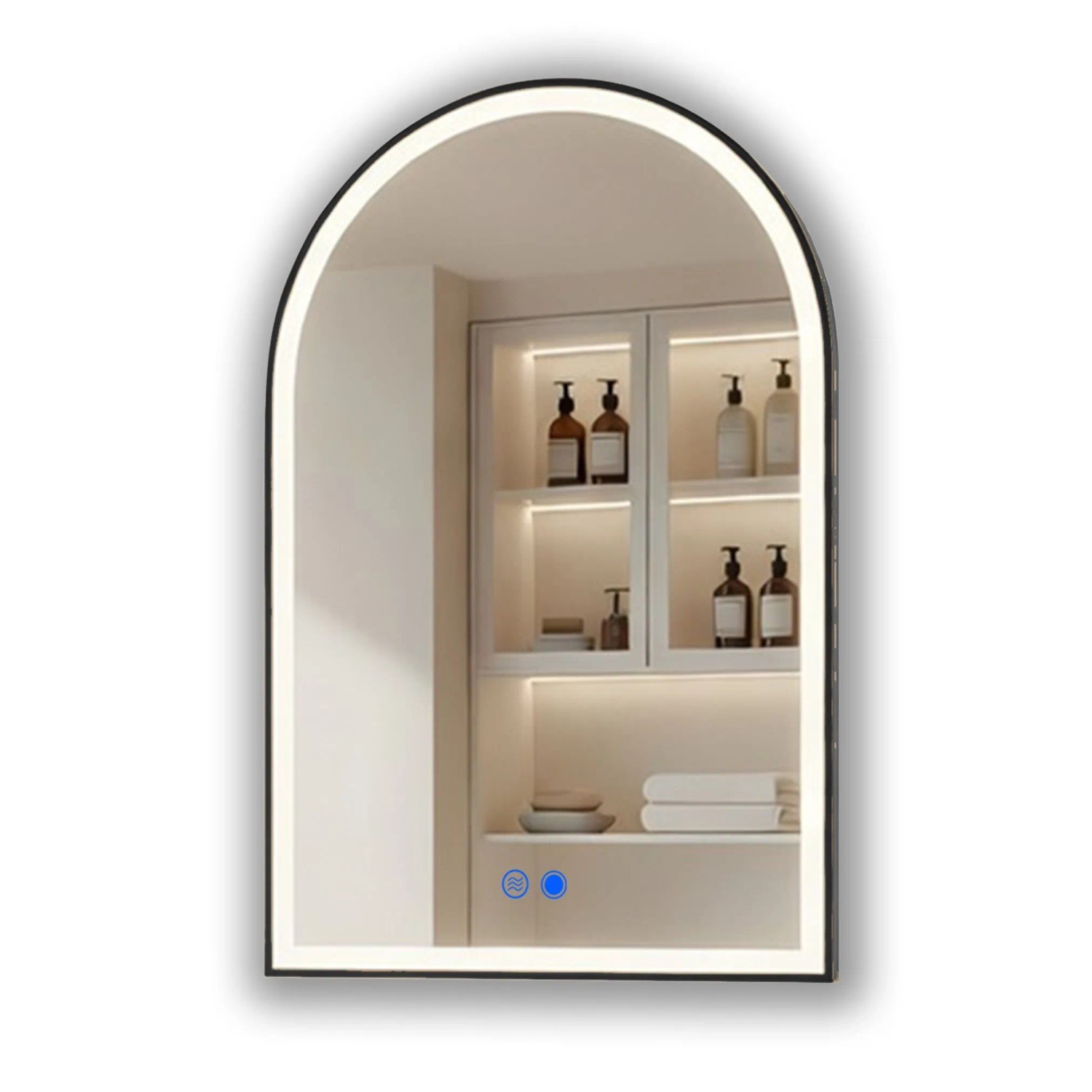 ARTFORMA LED Badspiegel in Bogenform 60x90 cm mit Beleuchtung Rahmen Schwarz Matt Antibeschlag Touch IP44