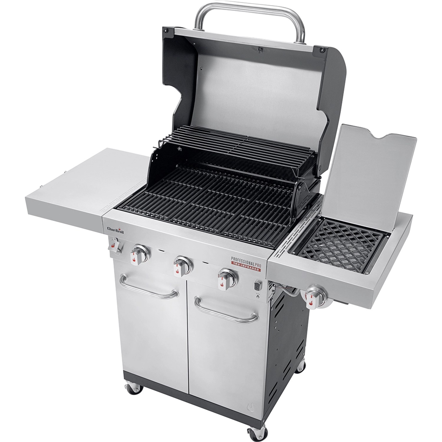 Char-Broil Gasgrill Professional Pro S 3 mit 3 Brennern, Seitenbrenner, Edelstahl, offen.