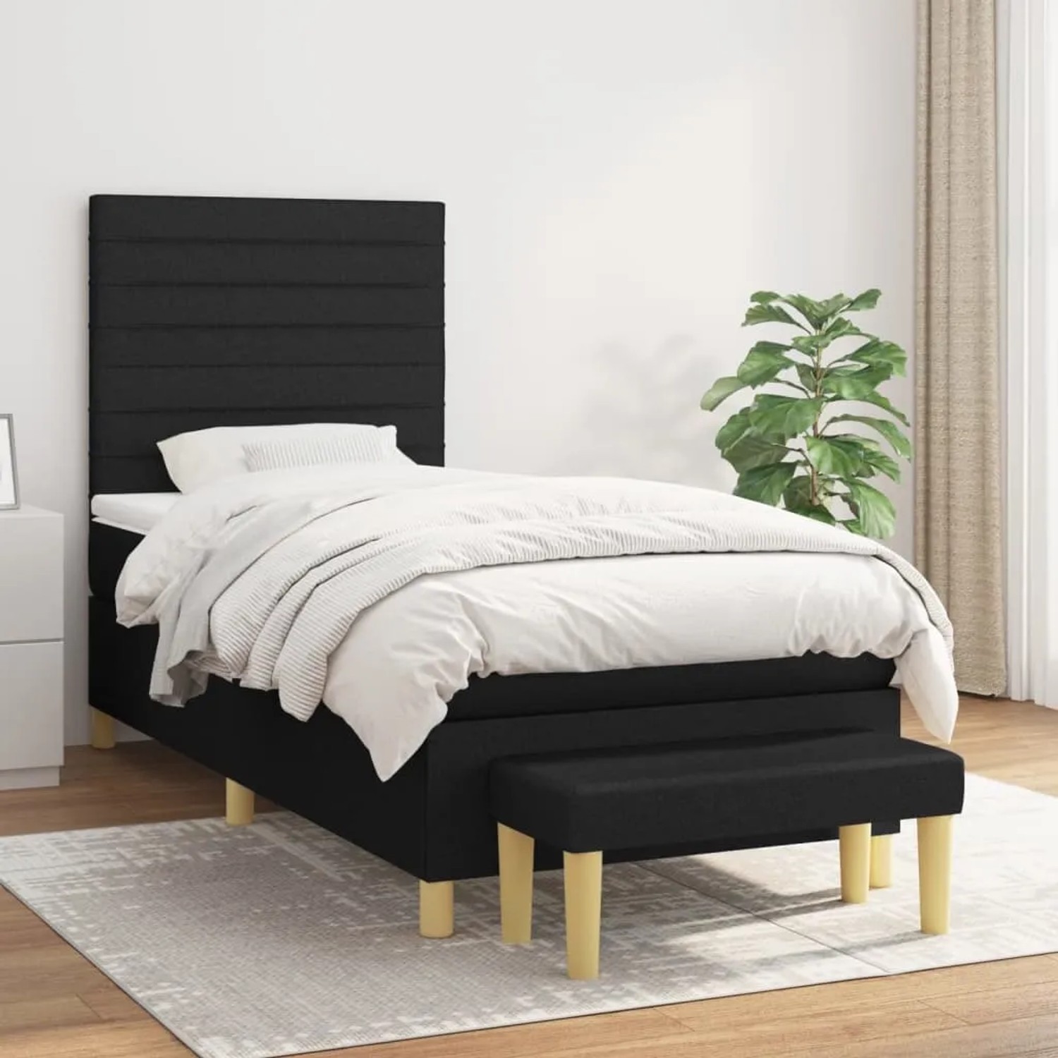 Schwarzes Boxspringbett (80x200 cm) mit Matratze, Kopfteil und Bank.
