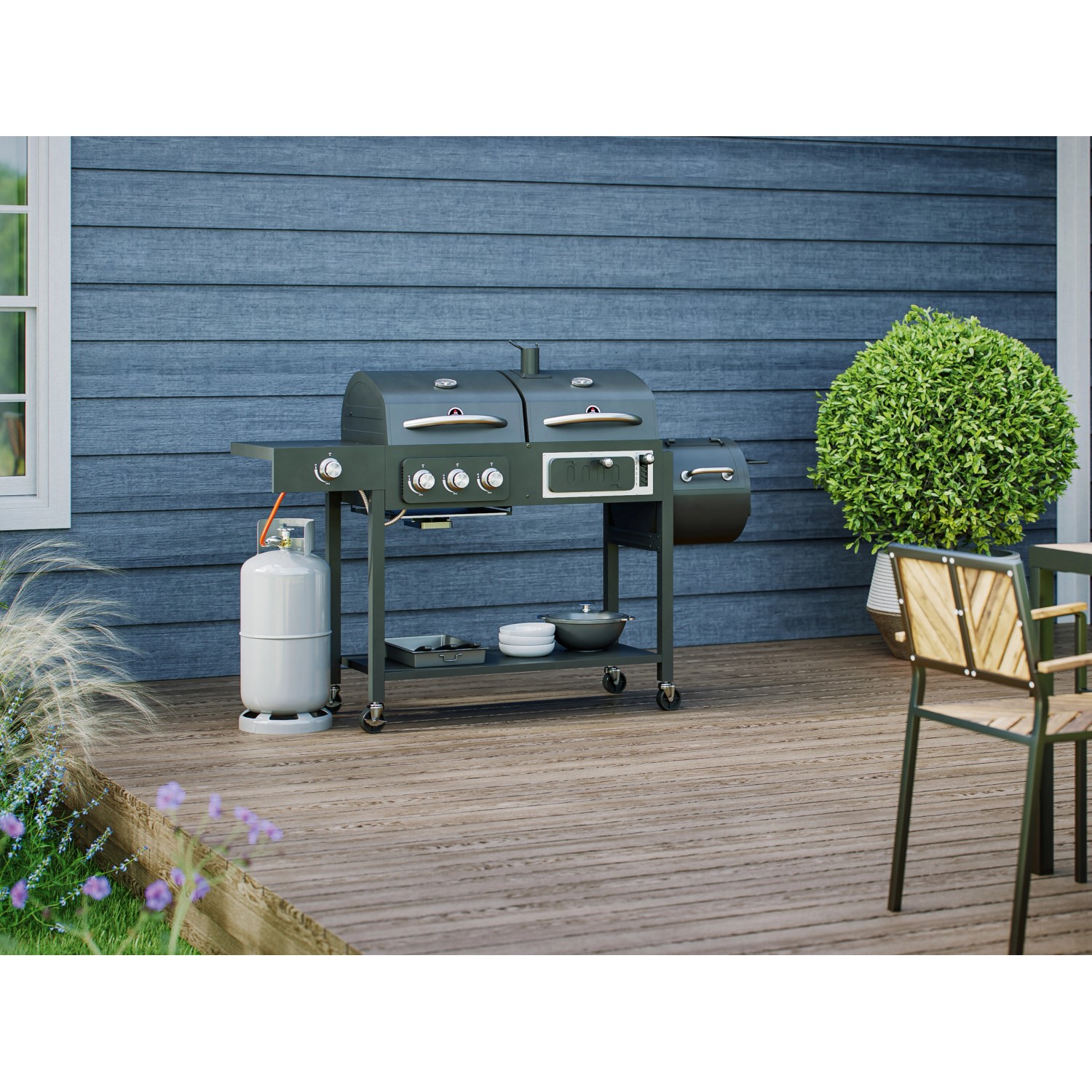 Jamestown Kombigrill Dean: Gas-, Holzkohle- und Smoker-Grill mit Ablagefläche und Gasflasche.