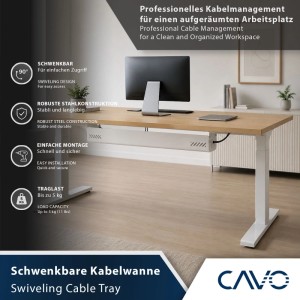 Weiße, schwenkbare SOTECH CAVO Kabelwanne aus Stahl unter einem Schreibtisch. Für professionelles Kabelmanagement im Büro.