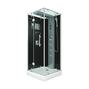 AquaVapore Komplettdusche 100x100 cm mit schwarzer Rückwand und Regendusche.