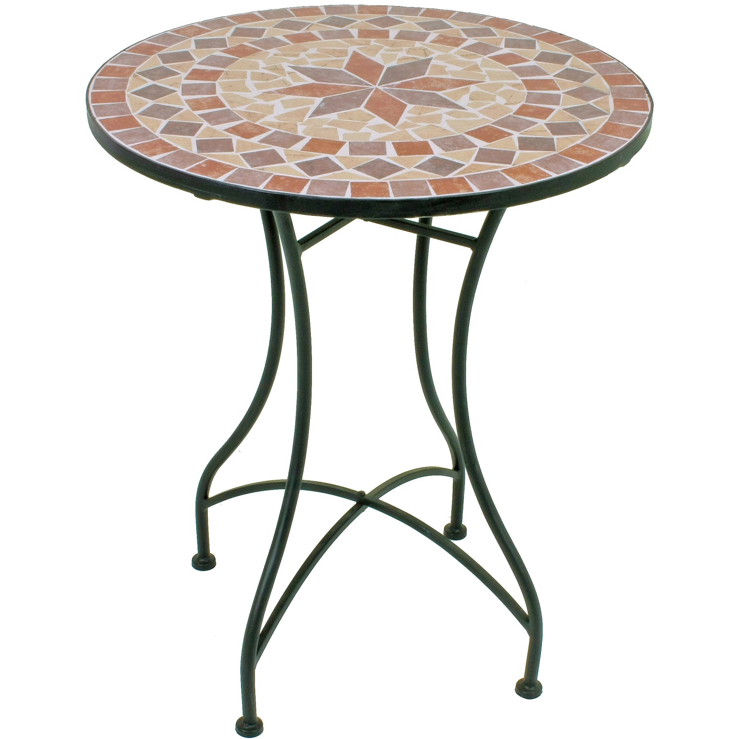 Runder Balkontisch aus dem Garden Pleasure Balkon-Set Mosaik Amarillo mit Mosaikplatte und schwarzem Stahlgestell.