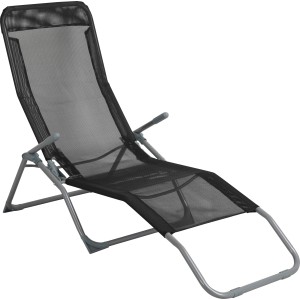 Schwarze, klappbare Sonnenliege Pando mit Textilbespannung und verstellbarer Rückenlehne.