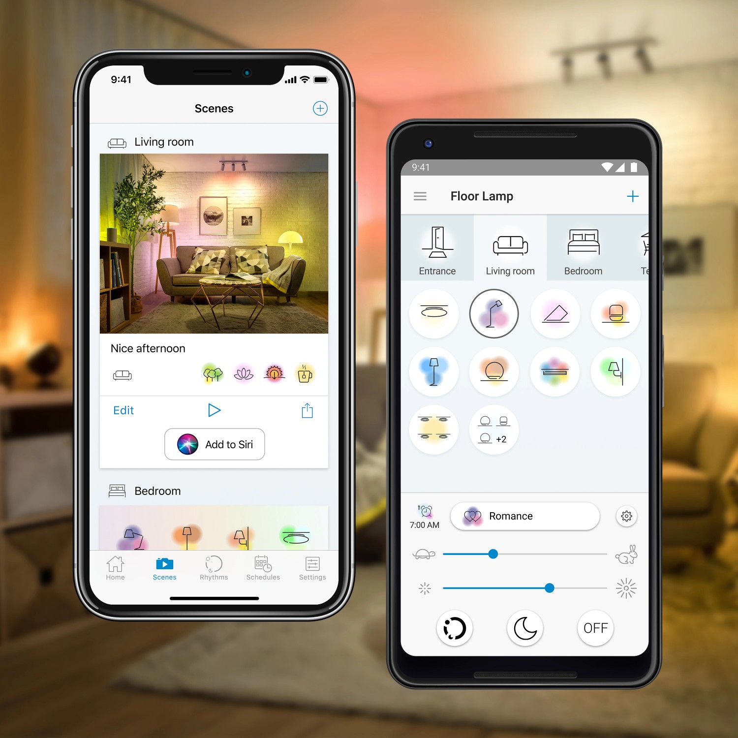 WiZ Smart Starter-Set: Zwei E27 LED-Lampen mit Farbwechsel und Fernbedienung in App-Ansicht.