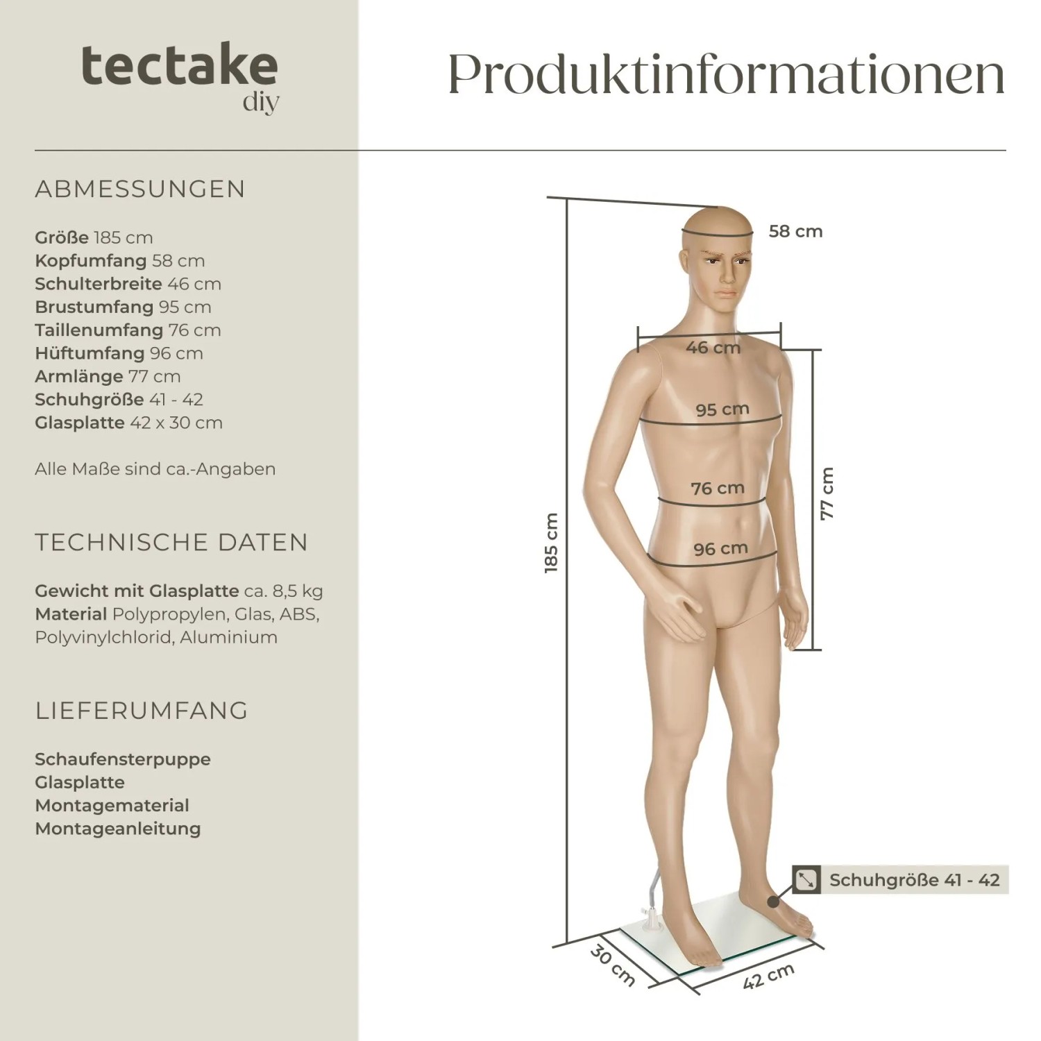 Tectake Schaufensterpuppe  Aus Kunststoff Beweglich und Standfest  42 x 30 x 185 cm Beige_6