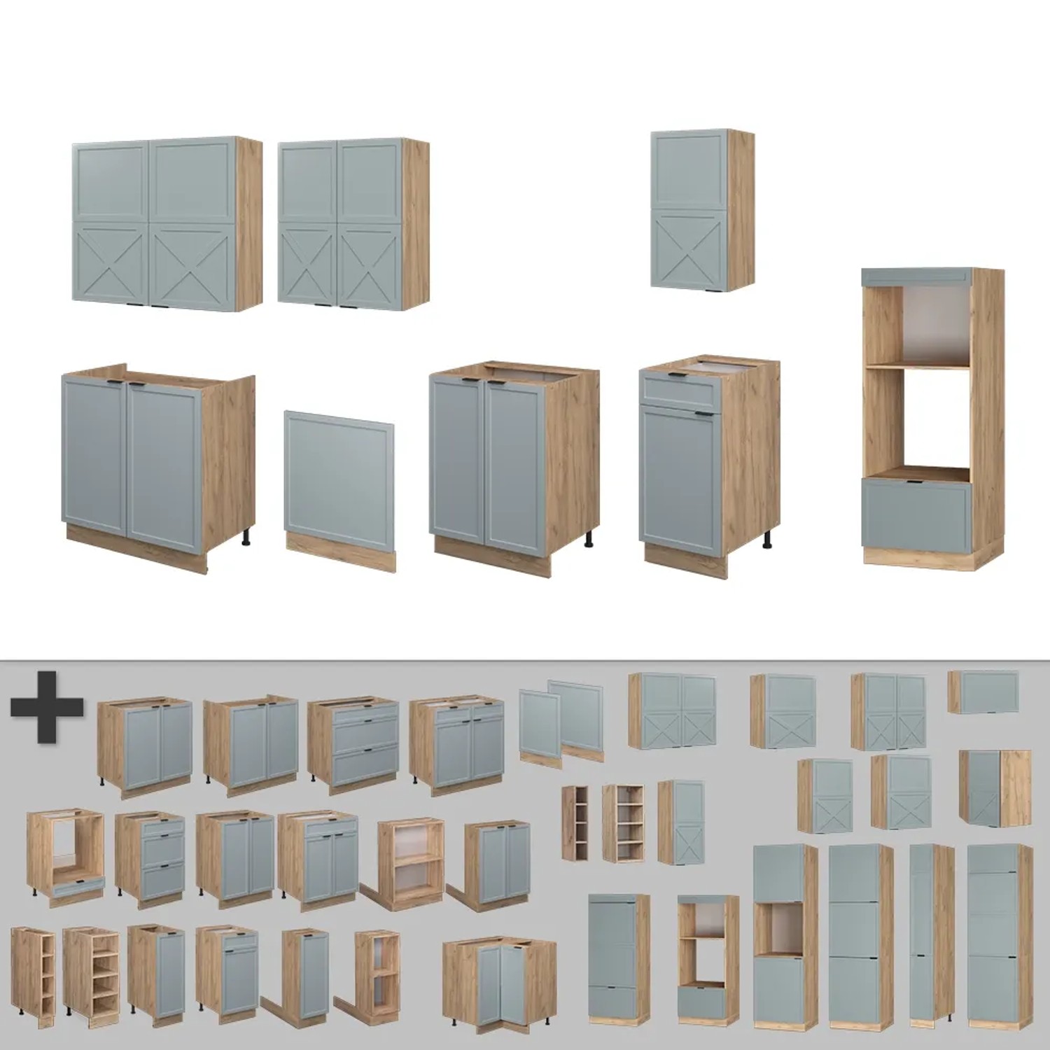 Vicco Fame-Line Küchenzeile 300cm in Hellblau-Grau/Goldkraft Eiche mit Hochschrank Anthrazit.