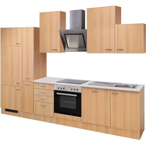 Flex-Well Classic Küchenzeile Nano 310 cm in Buche Nachbildung mit E-Geräten und Spüle.