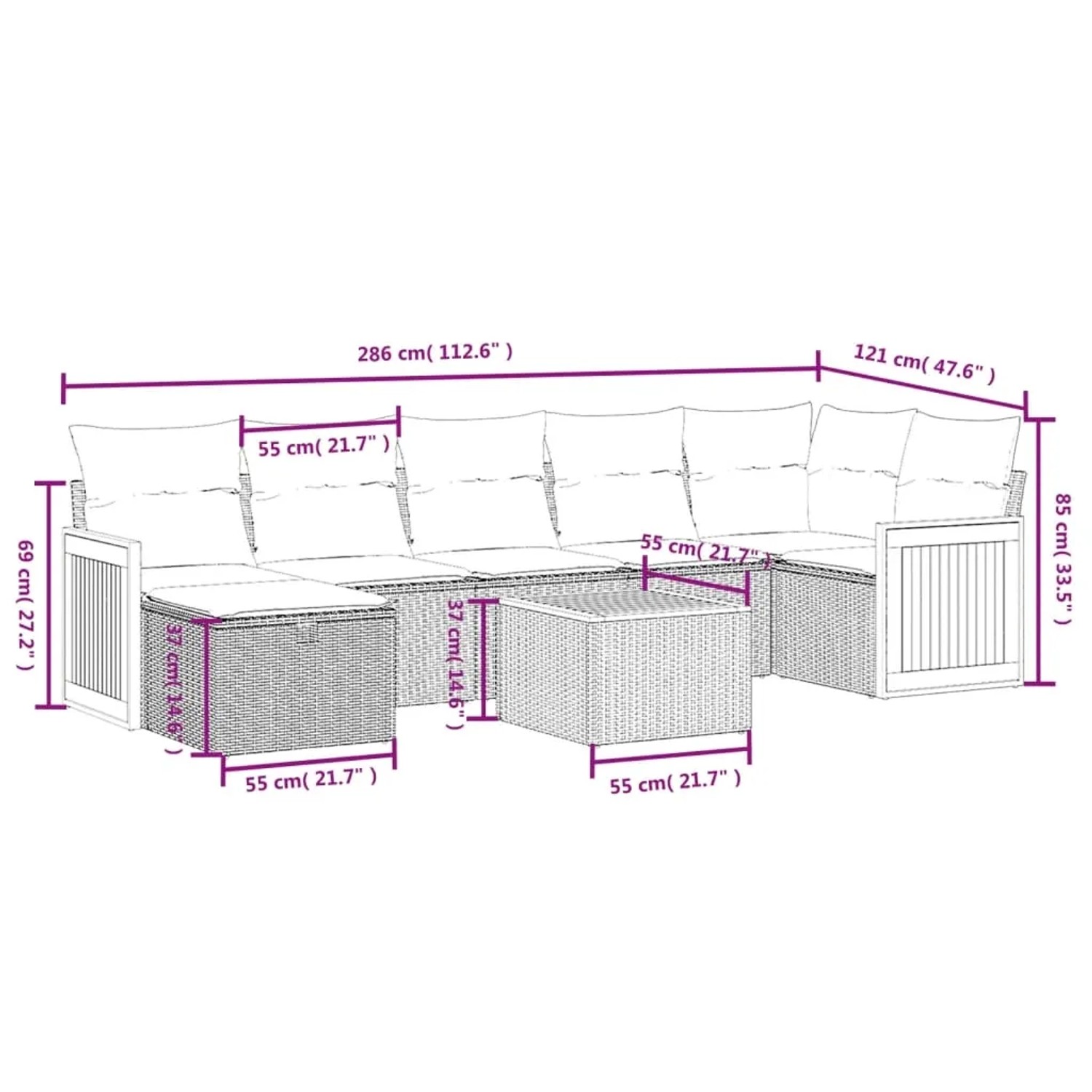 vidaXL 8-tlg. Garten-Sofagarnitur aus schwarzem Rattan mit Kissen und Maßangaben.