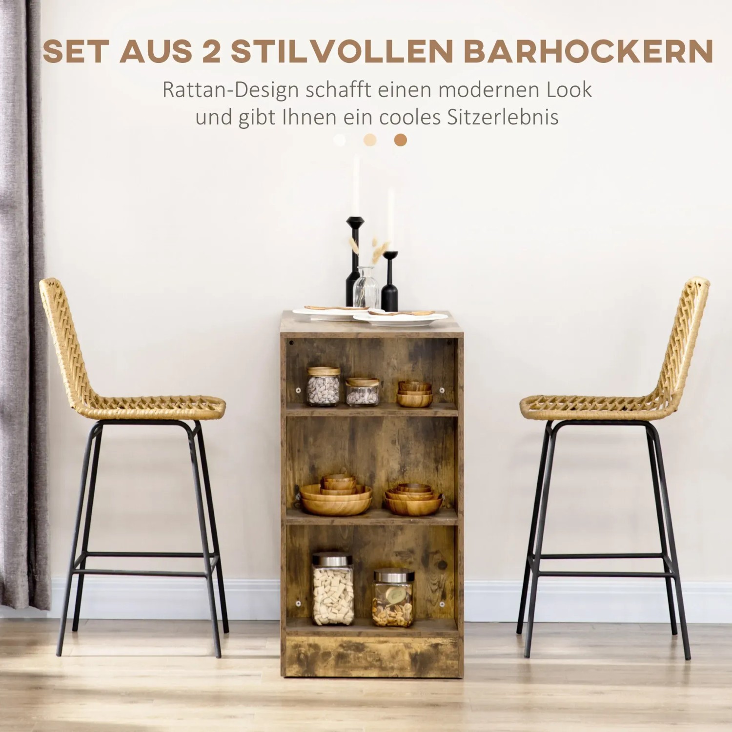 HOMCOM Barhocker 2er Set mit Rattanoptik und schwarzem Metallgestell.