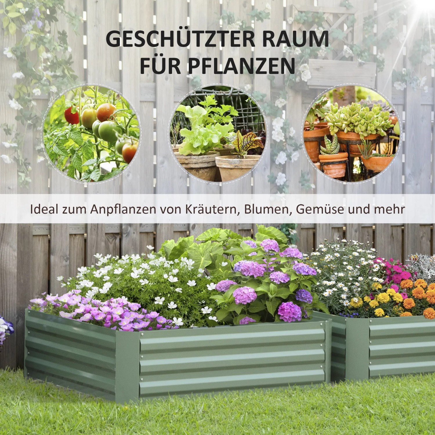 Outsunny Hochbeet-Set aus Stahl, 2er-Set, bepflanzt mit Blumen und Kräutern.
