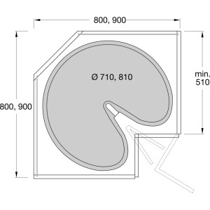 Ninka Schwenkboden 3/4-Kreis für Küchen Eckschrank. Technische Zeichnung mit Maßen für 900mm Korpusbreite.