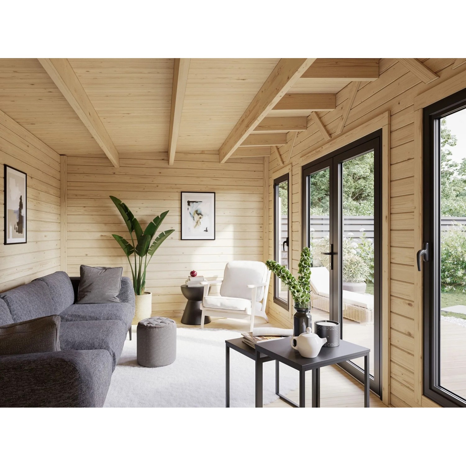 Innenansicht: Palmako Holz-Gartenhaus mit Pultdach, unbehandelt, eingerichtet mit Möbeln.