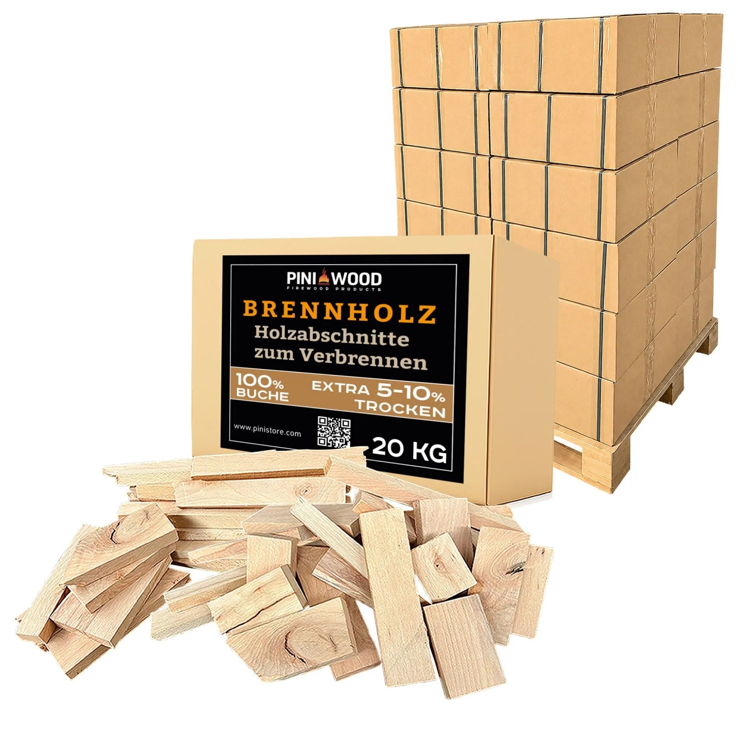PINI Brennholz 100% Buche Kammergetrocknet Holzabschnitte 480 kg Palette