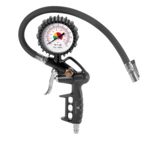 Schwarzer Reifenfüller mit präzisem Manometer und flexiblem Schlauch. Druckluft-Zubehör für Kompressoren.