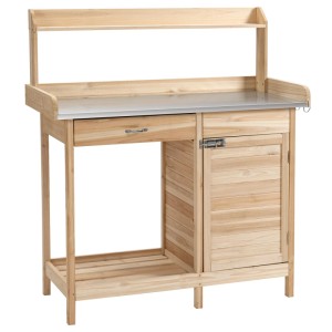 Outsunny Pflanztisch aus Tannenholz mit Metallplatte, Schublade, Schrank und Ablage. Ideal für Gartenarbeit.