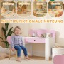 AIYAPLAY Kinderschreibtisch Set in Rosa/Weiß mit Schublade und Kind auf dem Stuhl.
