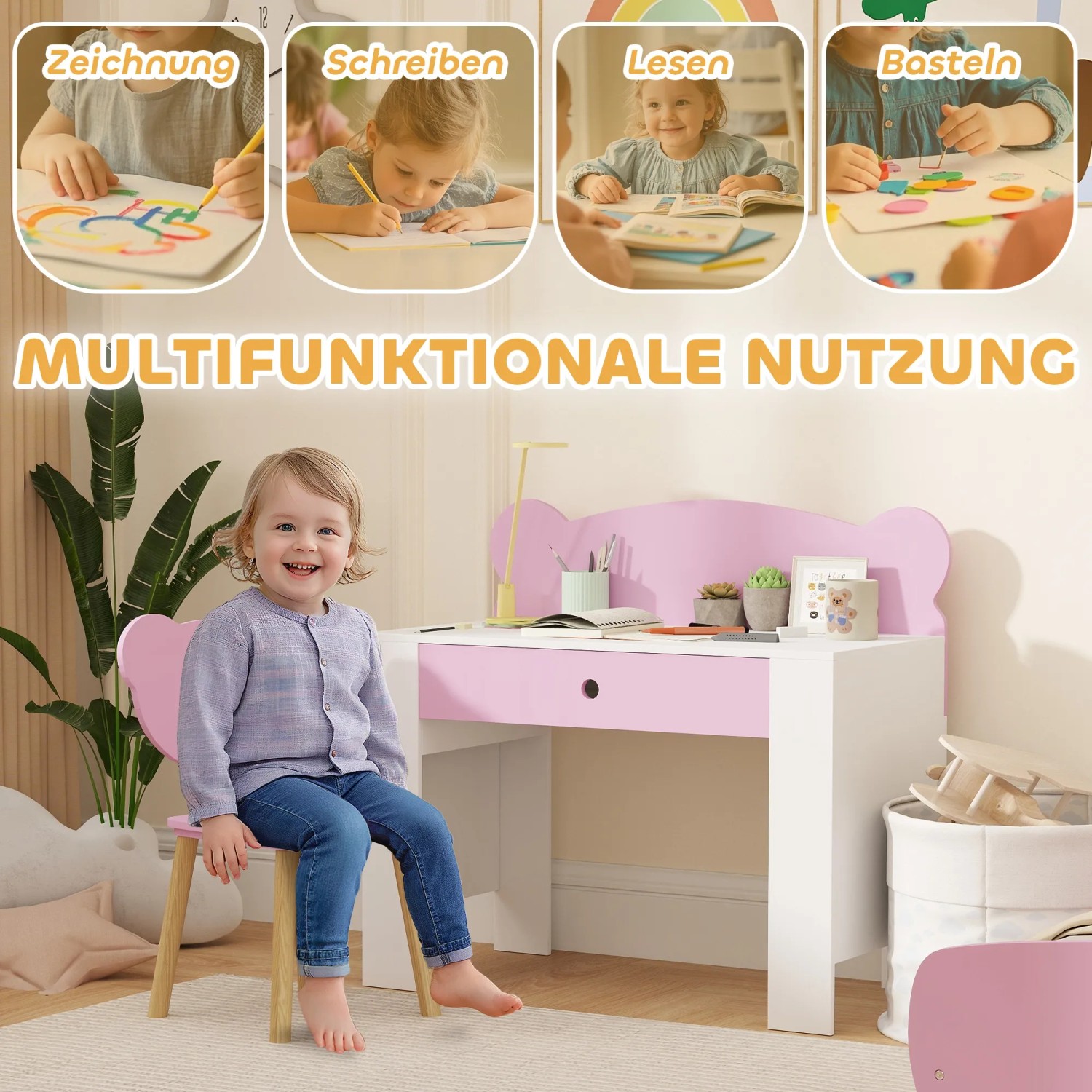 AIYAPLAY Kinderschreibtisch Set in Rosa/Weiß mit Schublade und Kind auf dem Stuhl.