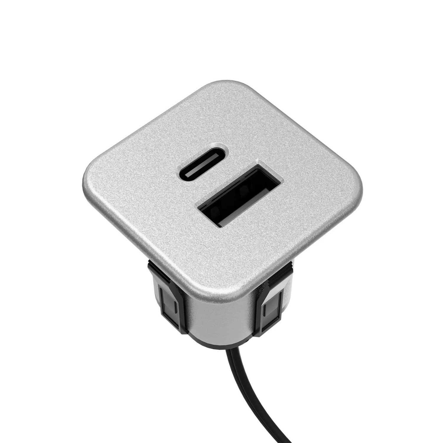 kalb Einbau USB Schnell-Ladehub 2 in 1 USB A USB C für Möbel und Tischplatten 12V 5V/3A 9V/2,2A max 20W Silbergrau