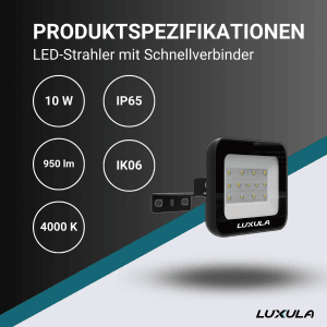 Schwarzer LUXULA LED Strahler 10W mit Schnellverbinder für den Außenbereich.