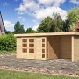 Karibu Holz-Gartenhaus Sölve mit Flachdach, unbehandelt, mit Anbau und Doppeltür.