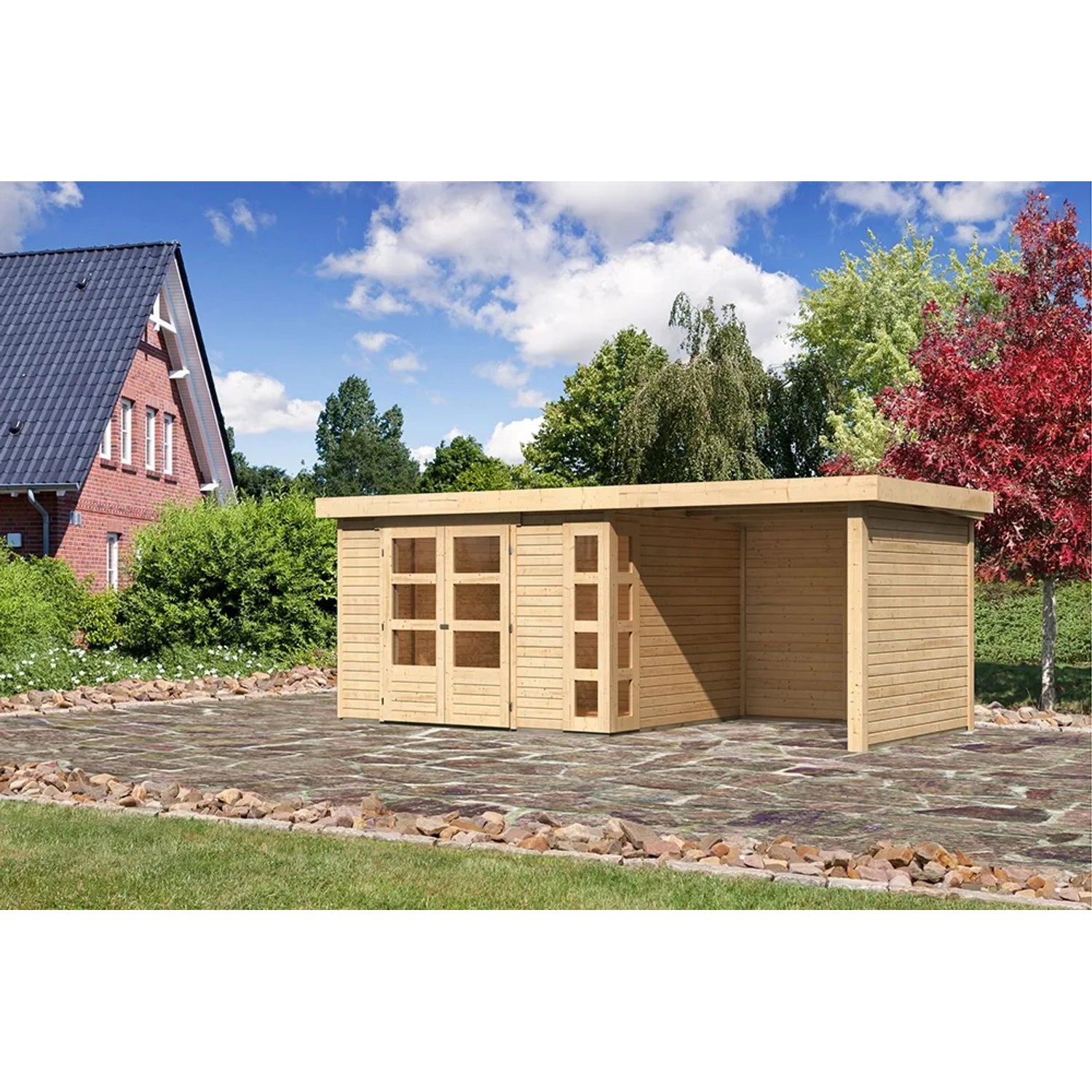Karibu Holz-Gartenhaus Sölve mit Flachdach, unbehandelt, mit Anbau und Doppeltür.
