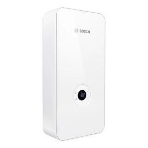 Weißer Bosch Tronic Advanced AquaStop Durchlauferhitzer mit digitalem Display.
