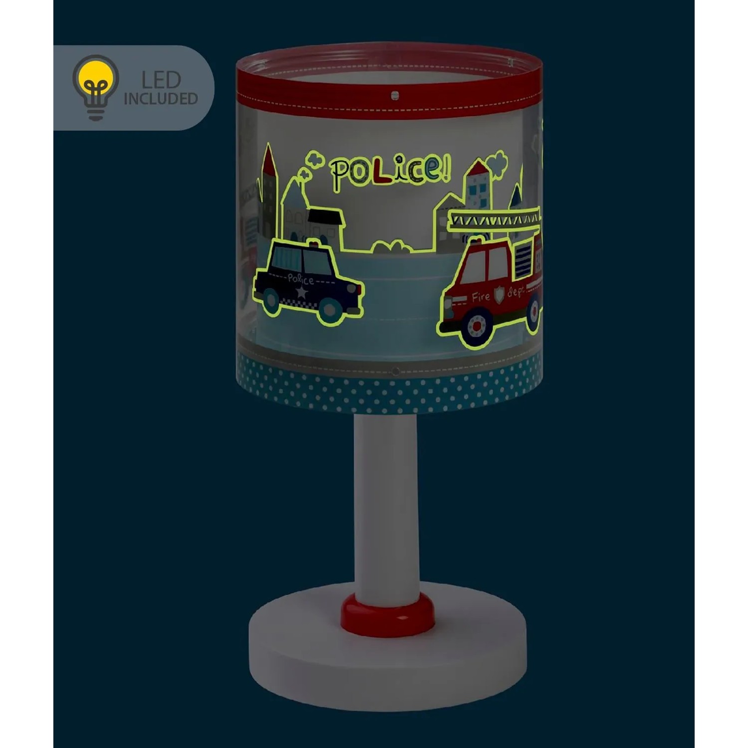 Dalber Tischlampe mit LED Nachtlicht für Kinder, Motiv Polizei und Feuerwehr.