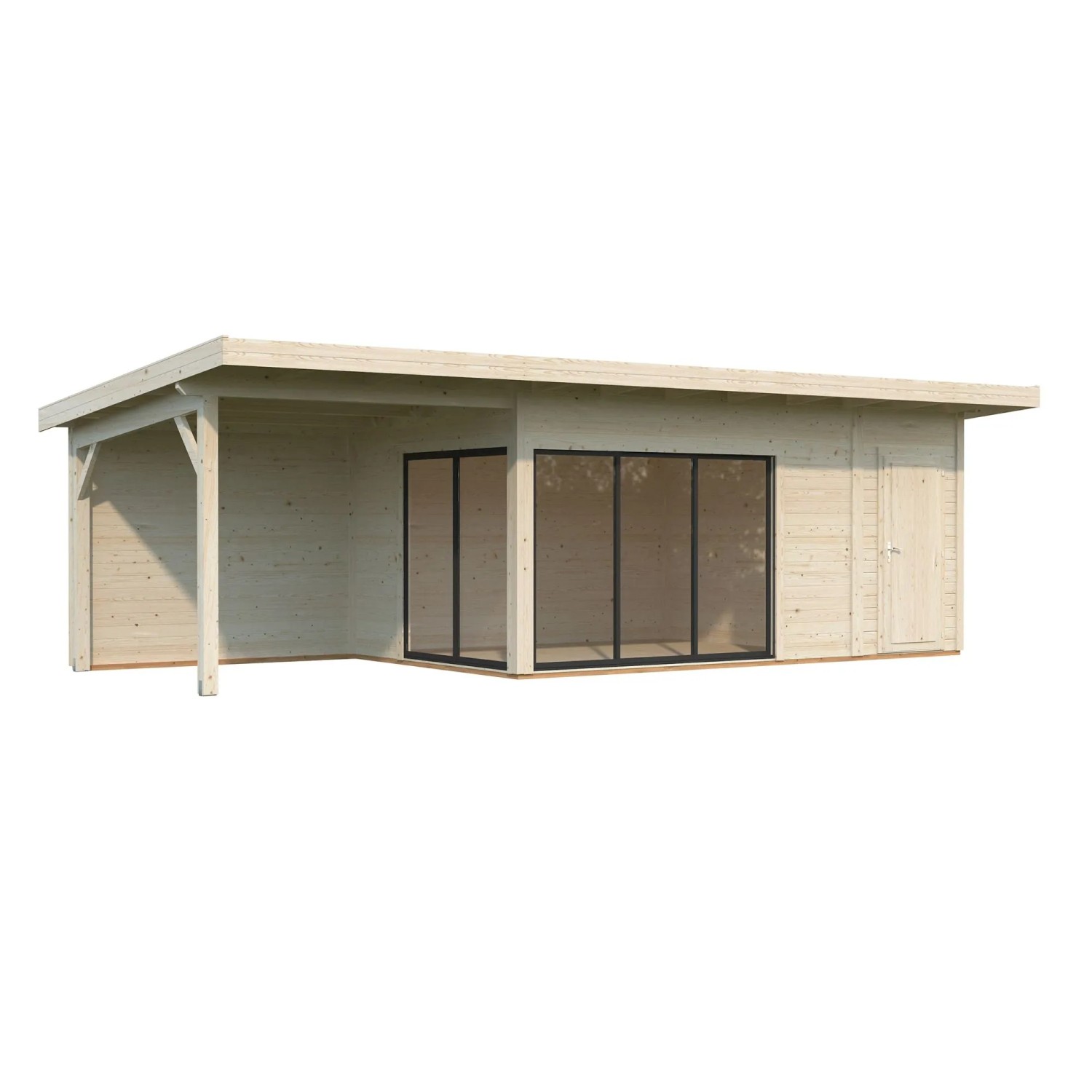 Unbehandeltes Palmako Holz-Gartenhaus mit Pultdach, 833x300 cm, mit überdachter Veranda und Schiebetüren.
