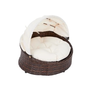 Rattan Katzenbett/Hundebett mit Baldachin, braun, mit beigem Kissen. Gemütliches Hundekörbchen für drinnen und draußen.