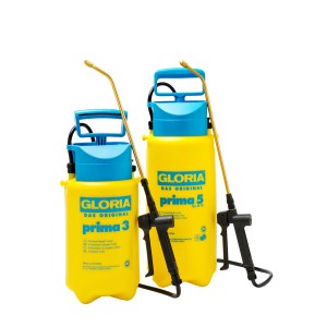 Gloria Drucksprüher Prima 3 und Prima 5, gelb/blau, mit Messinglanze. Gartenspritze für Pflanzenpflege.