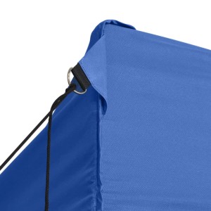 Detailansicht blaues vidaXL Faltzelt 3x4,5m, Ecke mit Öse und Spannseil.