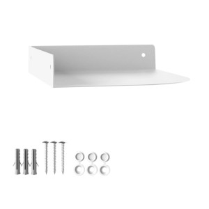 Weißes SOTECH Design Wandeckregal HOVER-XIII mit Befestigungsmaterial für die Wand.