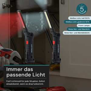 LUXULA LED Arbeitsleuchte mit kaltweißem Licht, Magnet und Haken, USB-C aufladbar, verschiedene Lichtmodi.