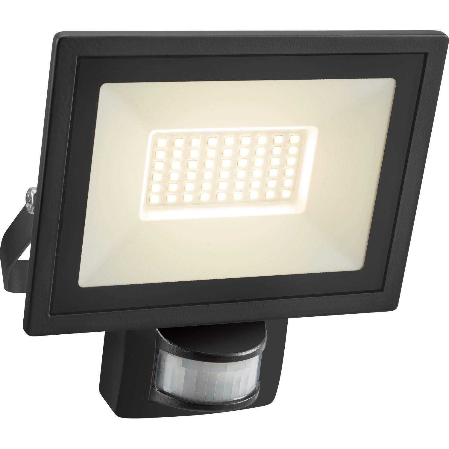 Schwarzer LED Außenstrahler mit Bewegungssensor, 21W, aus Aluminium.