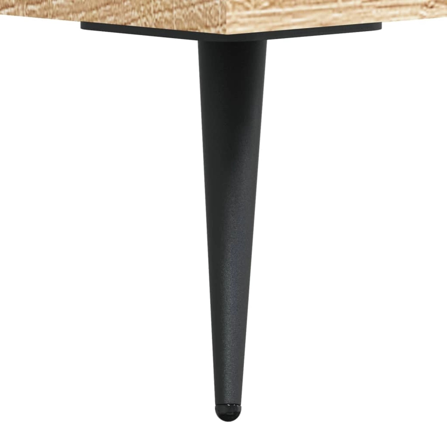 Detailaufnahme: Nachttisch Sonoma-Eiche mit schwarzem Metallfuß. Stabiles Holzwerkstoff-Design.