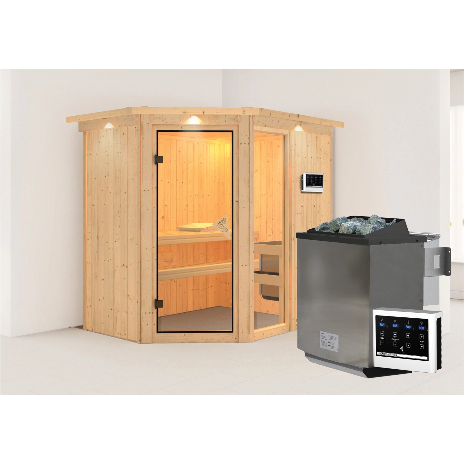 Karibu Sauna Freyja 1 mit Bio-Ofen externe Stg.LED-Dachkranz Natur günstig online kaufen