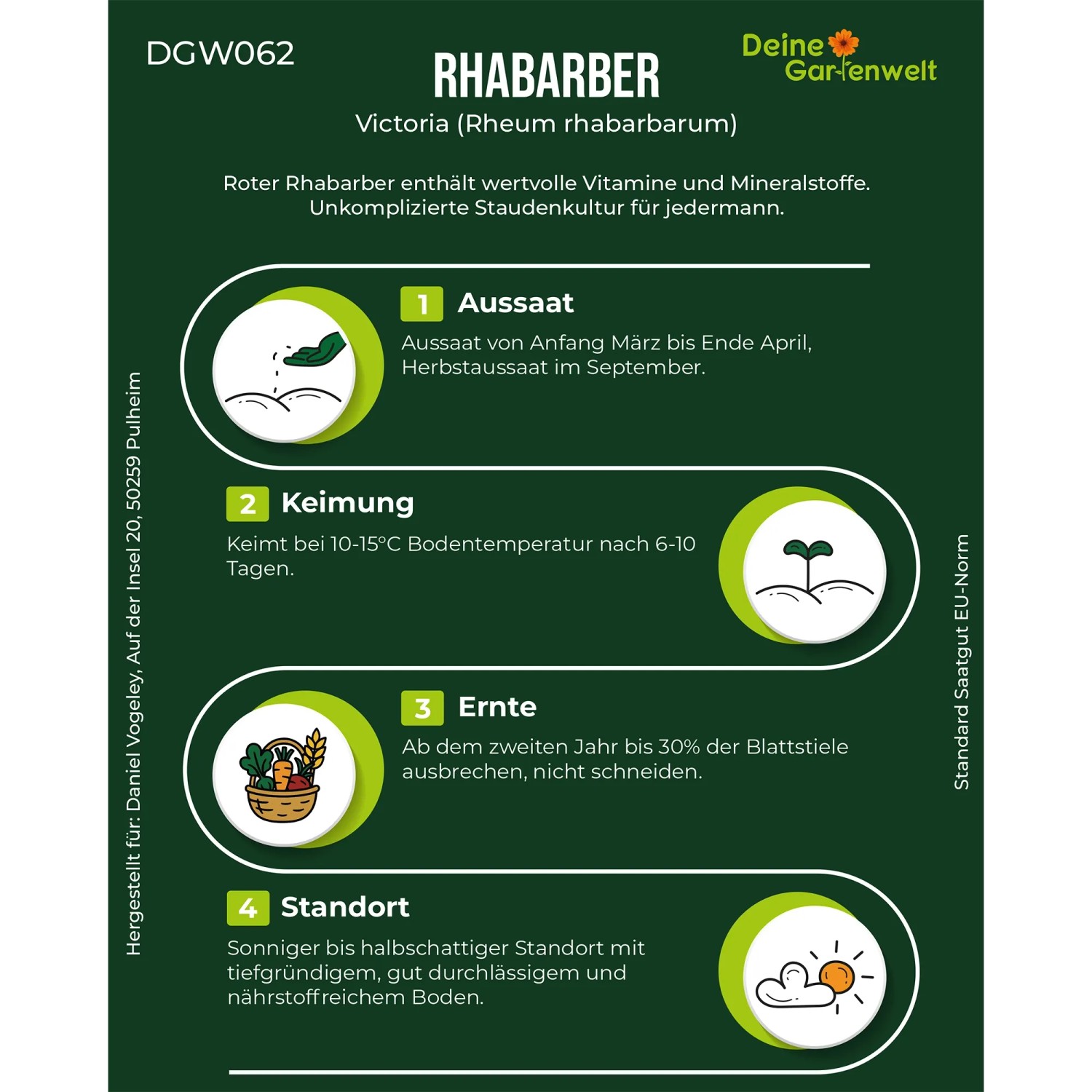 Infografik für Rhabarber Rot Samen: Anleitung zur Aussaat, Keimung, Ernte und idealem Standort. Für Gemüsearten im Garten.