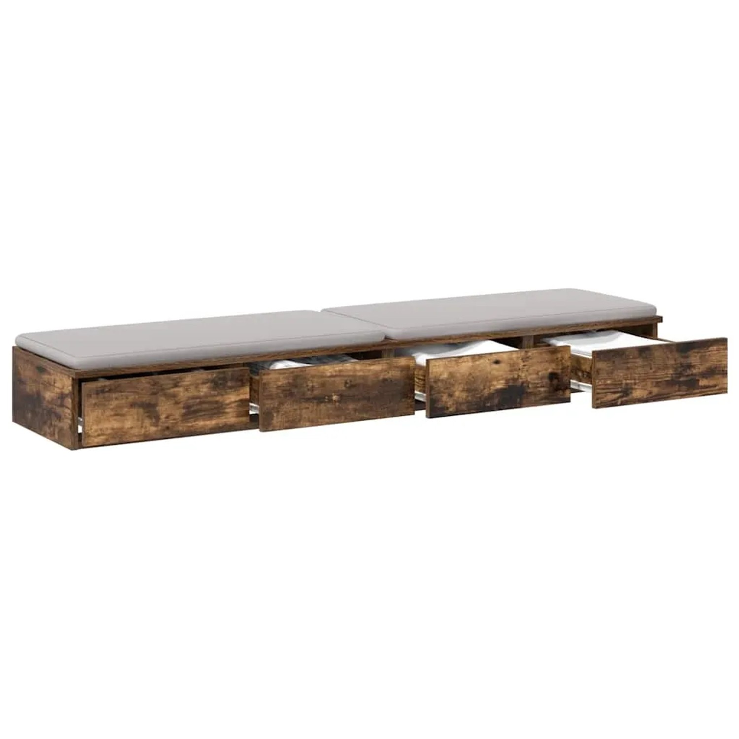 Dunkle Bettschubladen aus Räuchereiche Holzwerkstoff mit vier Auszügen und grauen Polstern.