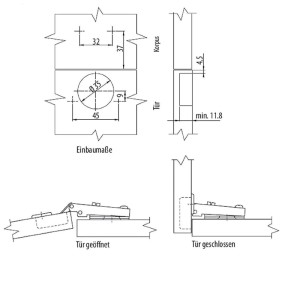 Technische Zeichnung SOTECH Topfband Eckanschlag, 35mm Bohrdurchmesser, 45mm Bohrabstand, mit Montageplatten.